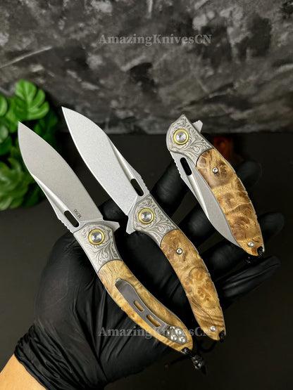 Desolate Horizon Blade – Handcrafted M390 Folding Knife with White Shadow Wood Handle - AK-HT1029