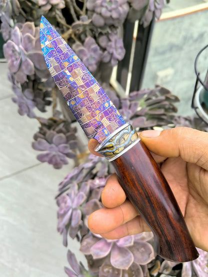 Blued Mosaic Damascus Fixed Blade Mammoth Molar Fossil & Desert Ironwood Edition - AK-HT1062