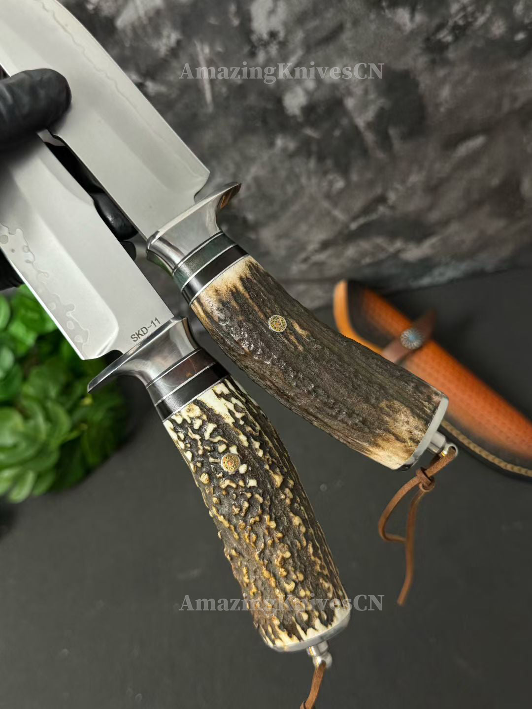 Handmade Japanese Skd-11 Steel Hunting Knife Survival Bowie Knife Full Tang Horn Handle - AK-HT0830
