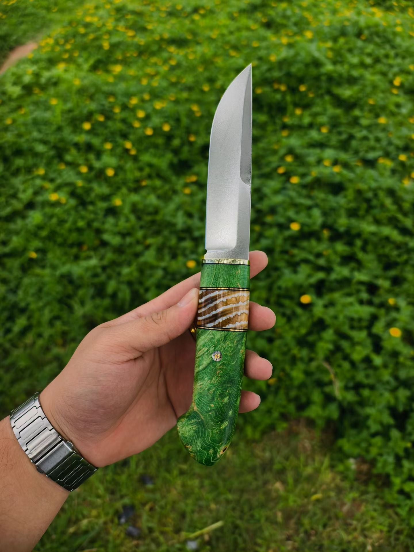 Wootz Steel Knife – Polished Blade, Mammoth Molar Fossil & Stabilized Green Maple Burl Handle - AK-HT1052