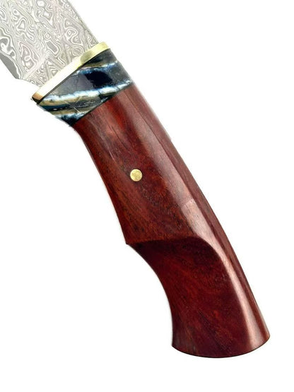 Premium Handmade Damascus Bowie Knife with Mammoth Molar Fossil & Rosewood Handle - AK-HT1049