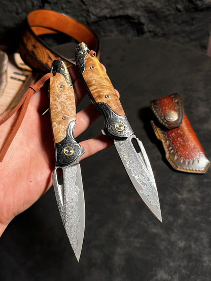 Premium Handmade Damascus Folding Knife with Rare White Burl Wood Handle - AK-HT1058