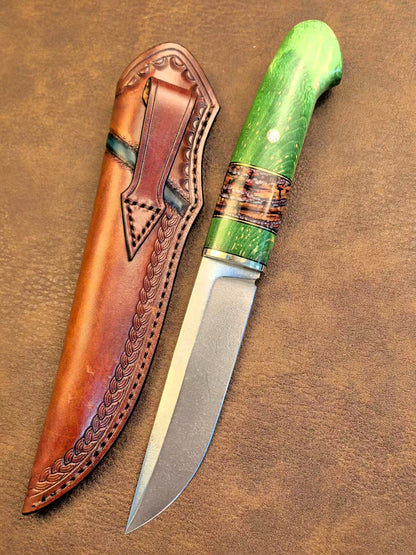 Wootz Steel Knife – Polished Blade, Mammoth Molar Fossil & Stabilized Green Maple Burl Handle - AK-HT1052