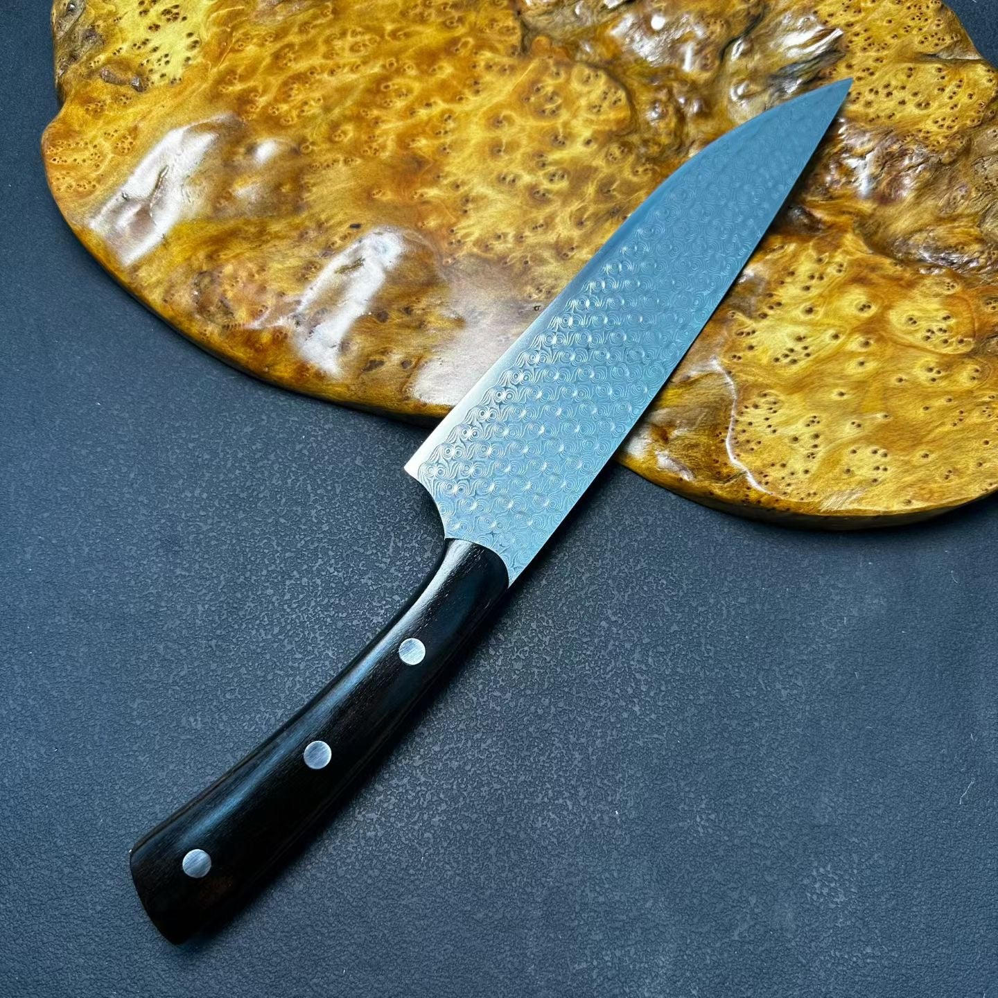 3-Piece Damascus Kitchen Knife Set – Chef Knife, Nakiri & Cleaver, Ebony Wood Handles - AK-DS1045