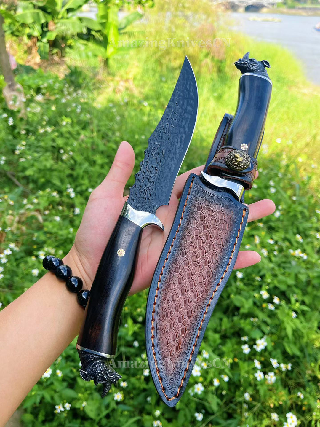 67-Layer VG10 Damascus Knife with Ebony Handle and Black Rhino Pommel - AK-HT1017