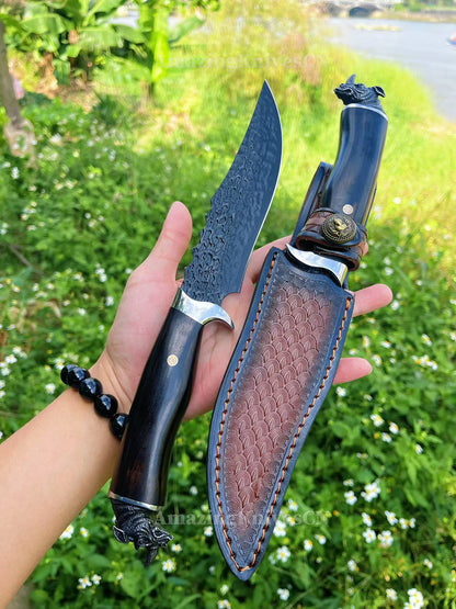 67-Layer VG10 Damascus Knife with Ebony Handle and Black Rhino Pommel - AK-HT1017