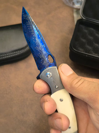 Hand-Forged Feather Damascus Folding Knife with Bone Handle - AK-HT1060