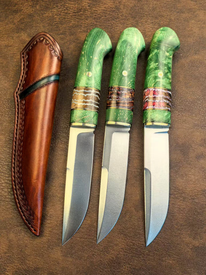 Wootz Steel Knife – Polished Blade, Mammoth Molar Fossil & Stabilized Green Maple Burl Handle - AK-HT1052