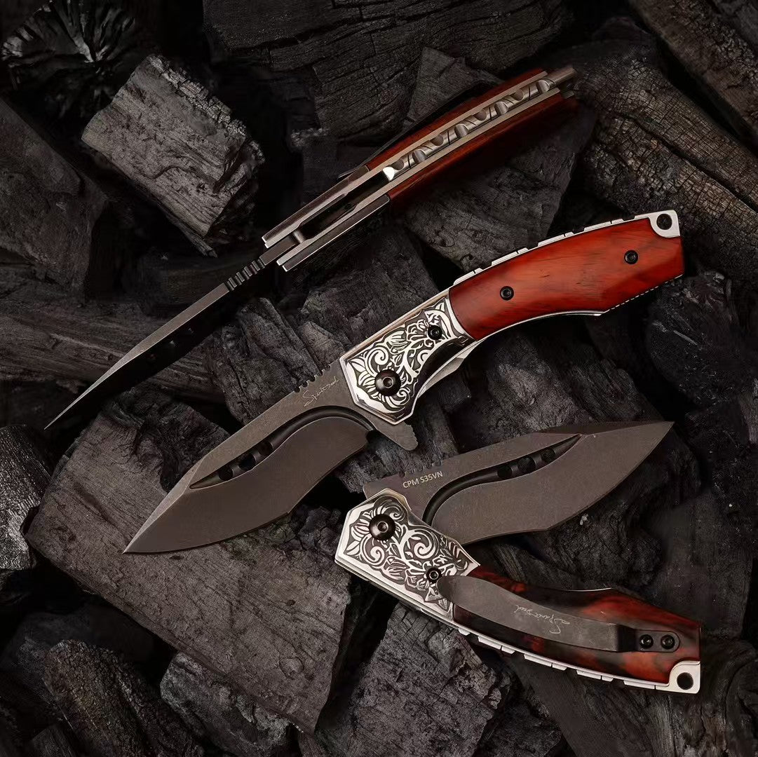 Handcrafted Folding Knife – CPM-S35VN Powder Steel, Rosewood Handle, Artisan Leather Sheath - AK-HT1037