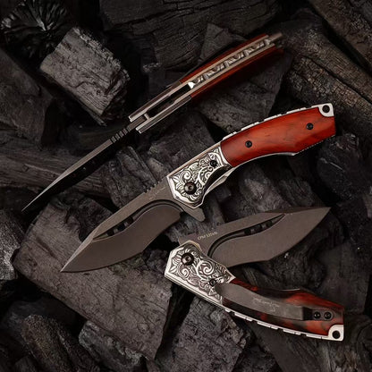 Handcrafted Folding Knife – CPM-S35VN Powder Steel, Rosewood Handle, Artisan Leather Sheath - AK-HT1037