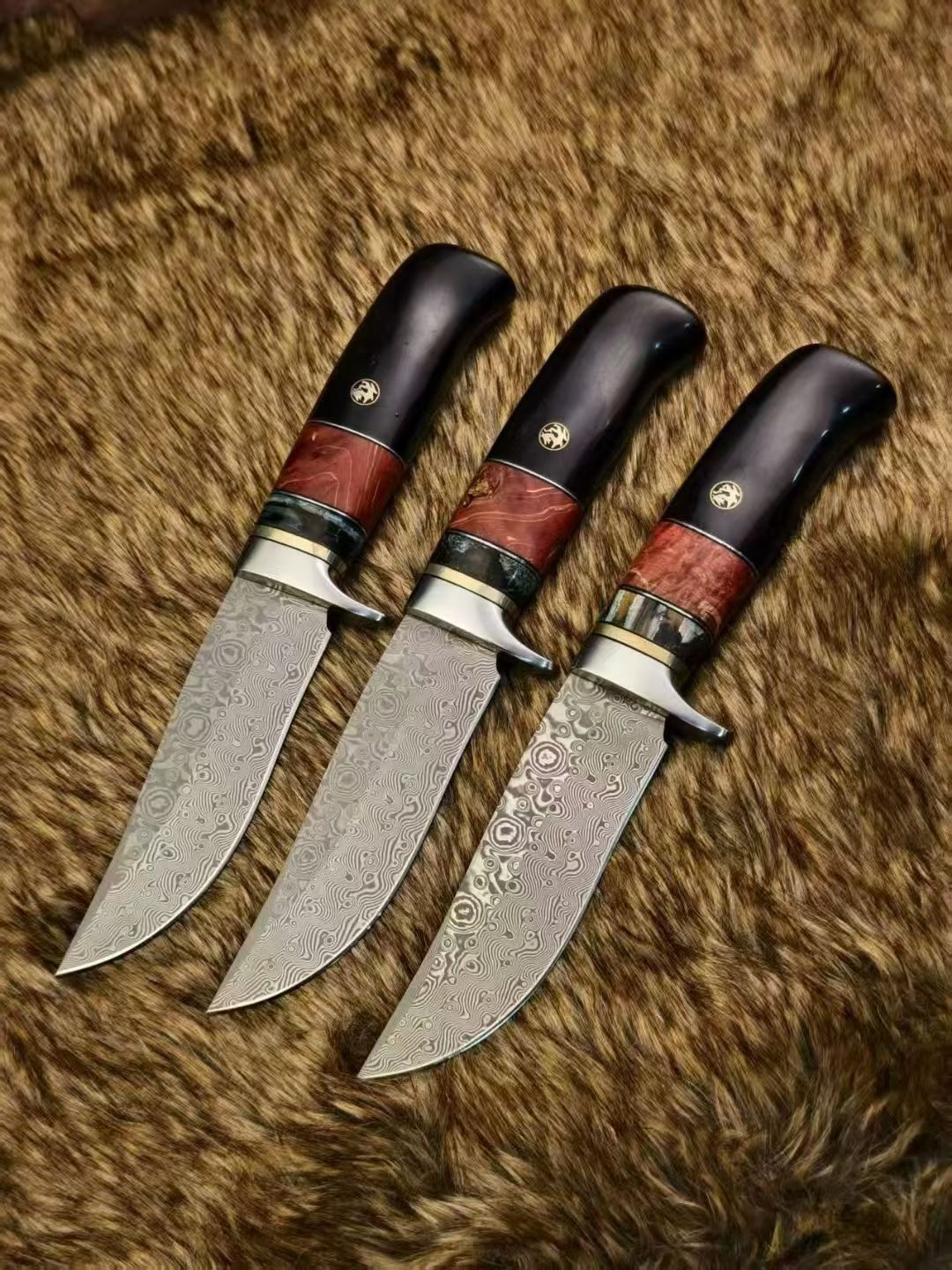 Nordic Fixed Blade Knife – Solid Damascus Steel, Mammoth Molar Fossil & Ebony Burl Handle - AK-HT1050