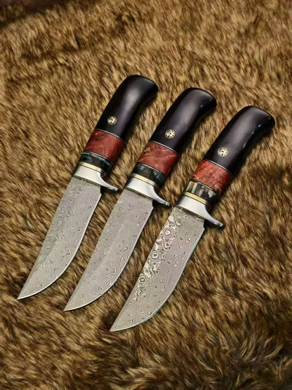 Nordic Fixed Blade Knife – Solid Damascus Steel, Mammoth Molar Fossil & Ebony Burl Handle - AK-HT1050