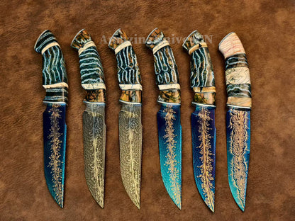 Top Tier Collectible Handforged Feather Damacus Steel Knife Mammoth Molar Fossil with Leather Sheath - AK-HT1026