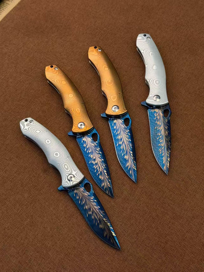 Feather Damascus Steel Folding Knife Aluminum Alloy Damascus Handle - AK-HT1074