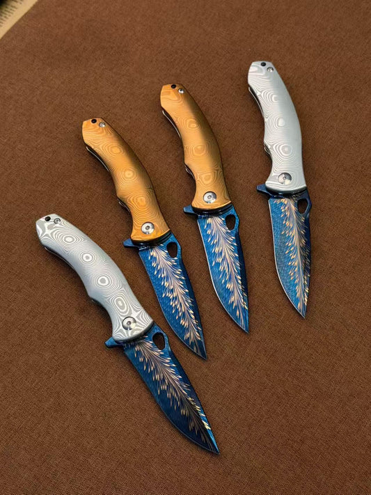 Feather Damascus Steel Folding Knife Aluminum Alloy Damascus Handle - AK-HT1074