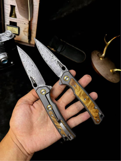 Handcrafted Damascus Folding Knife – Titanium & White Shadow Wood Handle - AK-HT0181