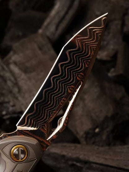 Artisan Folding Knife – Copper-Infused 67-Layer Damascus Steel, Stabilized Wood Handle - AK-HT1046