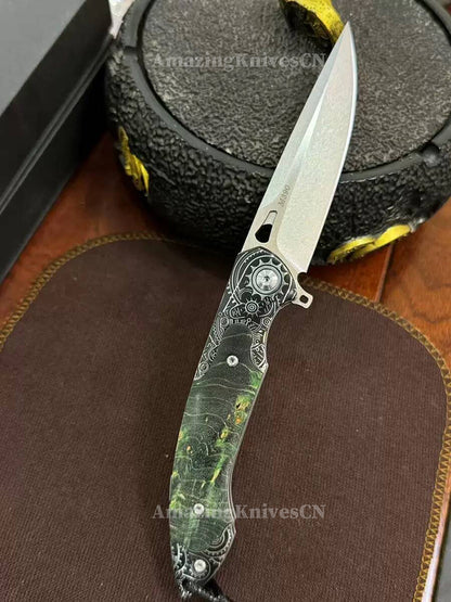 M390 Blade Pocket Knife Tactical Flipper Ceramic Ball Bearings w/ Leather Sheath - AK-HT0992