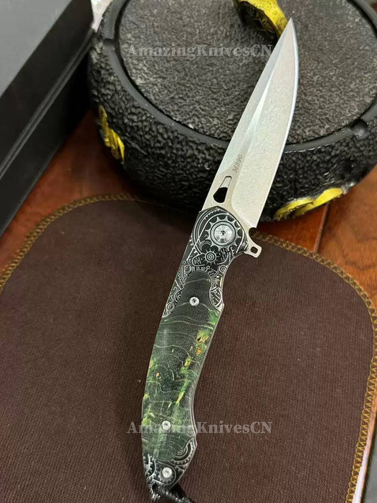 M390 Blade Pocket Knife Tactical Flipper Ceramic Ball Bearings w/ Leather Sheath - AK-HT0992