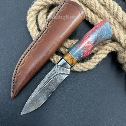 Handcrafted Damascus Vg10 Hunting Knife Survival Fixed Blade With Leather Sheath - AK-HT0935-S
