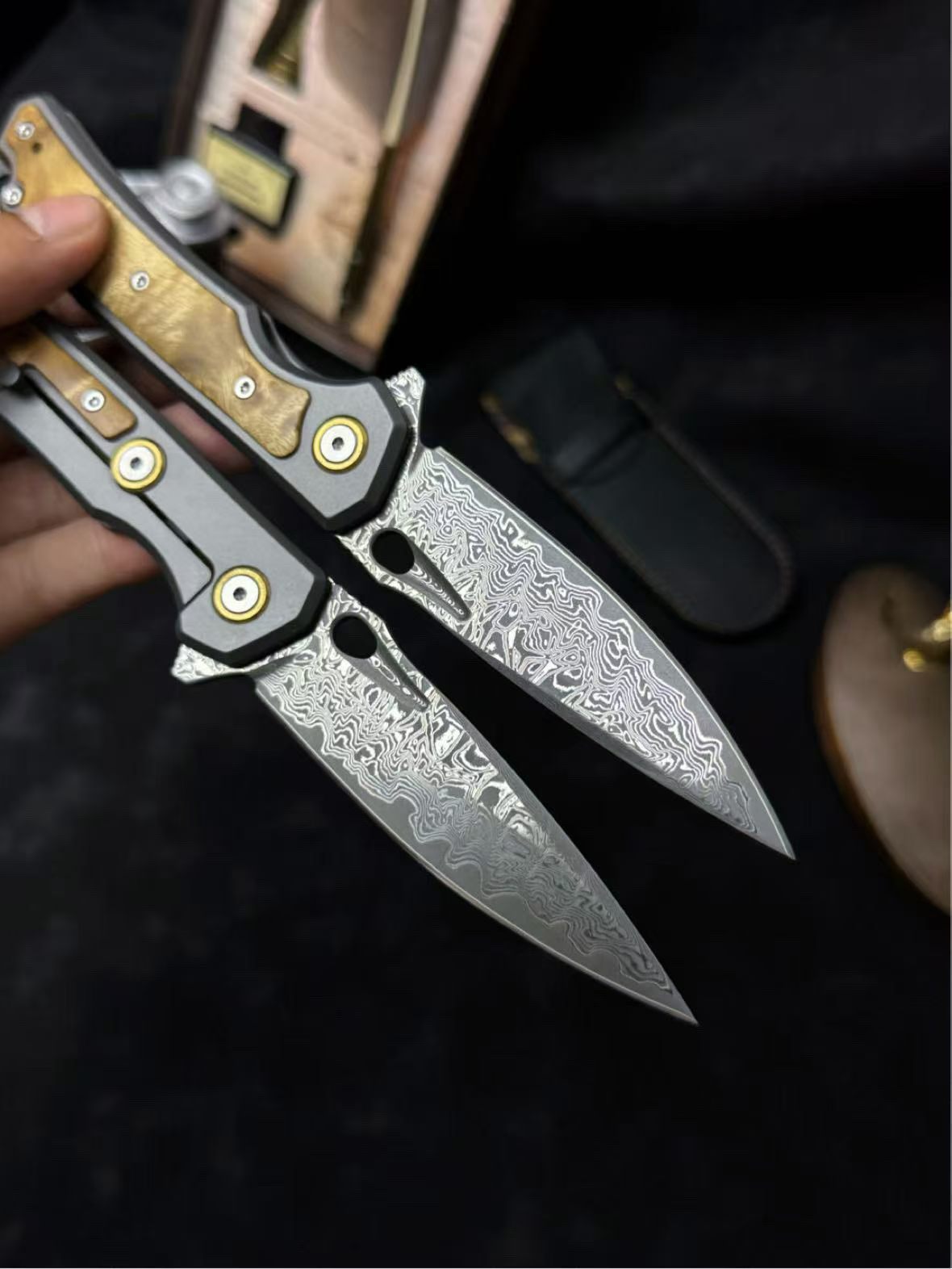 Handcrafted Damascus Folding Knife – Titanium & White Shadow Wood Handle - AK-HT0181