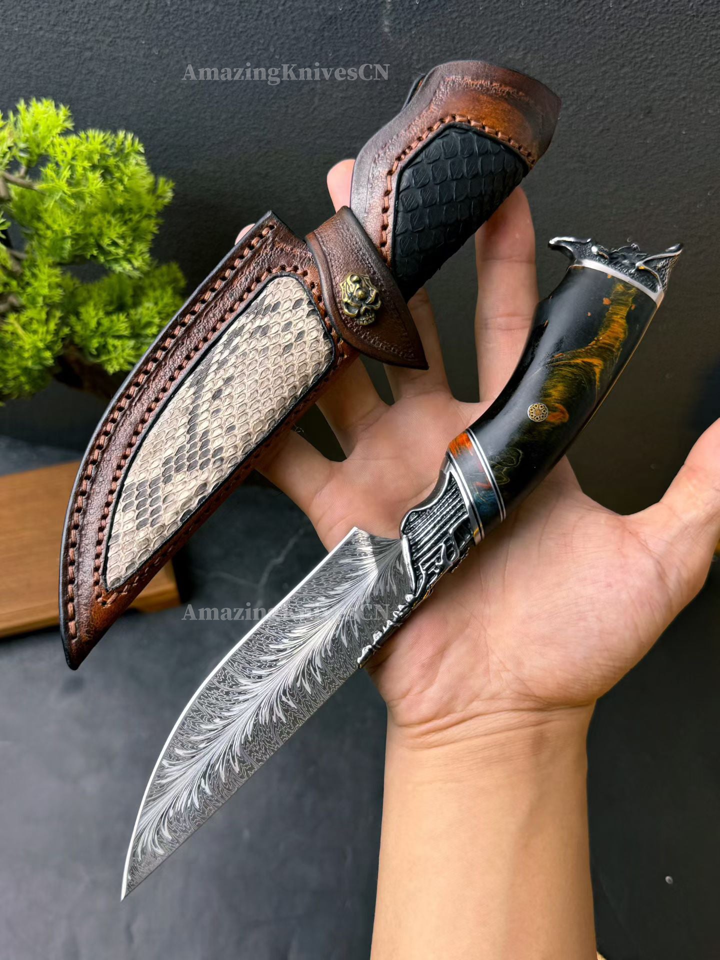 Collectible Feather Damascus Knife with Handmade Italian Snakeskin Leather Sheath - AK-HT1007