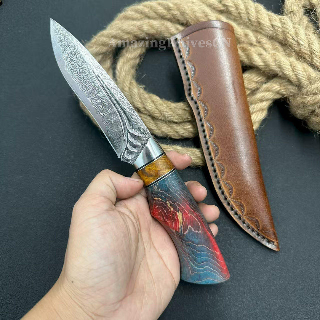 Handcrafted Damascus Vg10 Hunting Knife Survival Fixed Blade With Leather Sheath - AK-HT0935-S