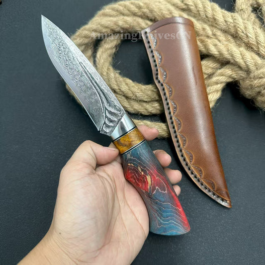 Handcrafted Damascus Vg10 Hunting Knife Survival Fixed Blade With Leather Sheath - AK-HT0935-S