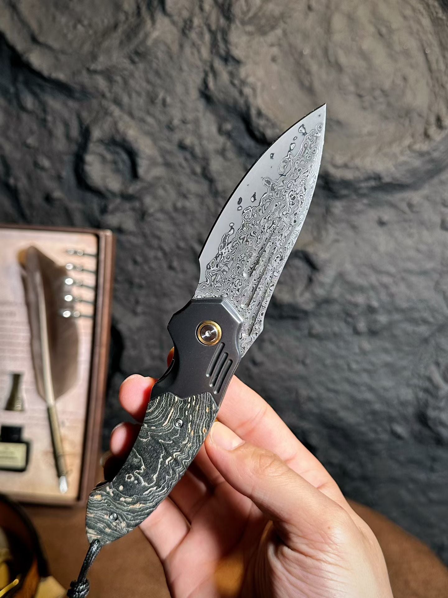 Smooth Fast-Opening Damascus Folding Knife with Stabilized Wood Handle -AK-HT1057