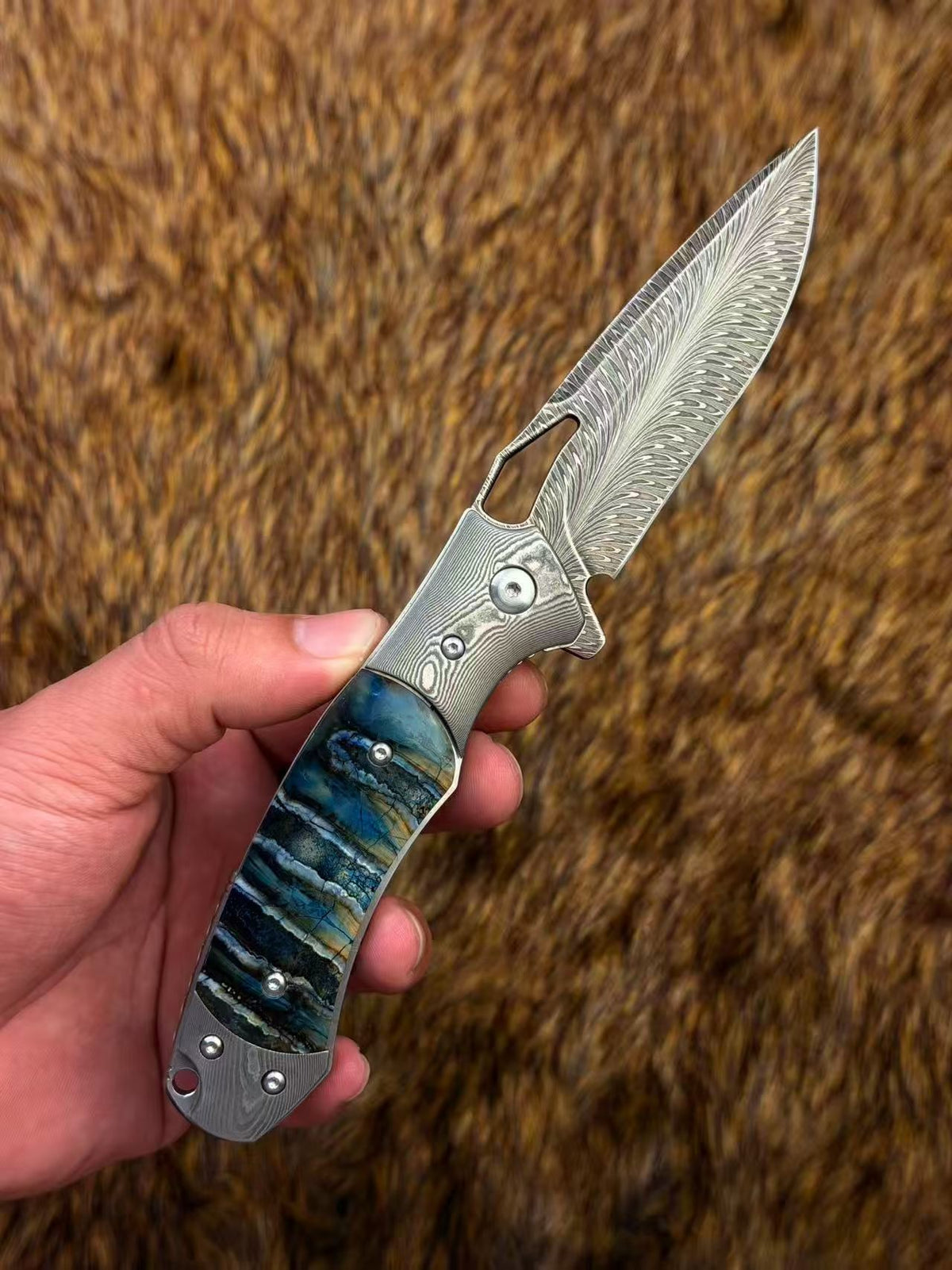 Hand Forged Feather Damascus Steel Folding Knife Mammoth Molar Fossil Handle - AK-HT1075