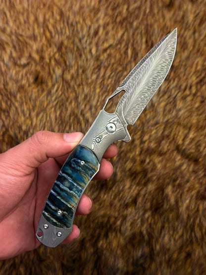Hand Forged Feather Damascus Steel Folding Knife Mammoth Molar Fossil Handle - AK-HT1075