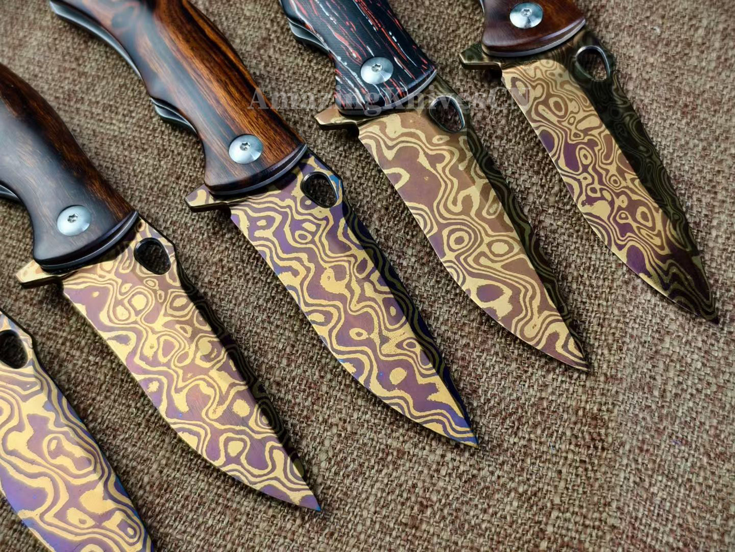 Collectible Nickel Damascus Folding Knife Pocket Knife with Leather Sheath - AK-HT1009