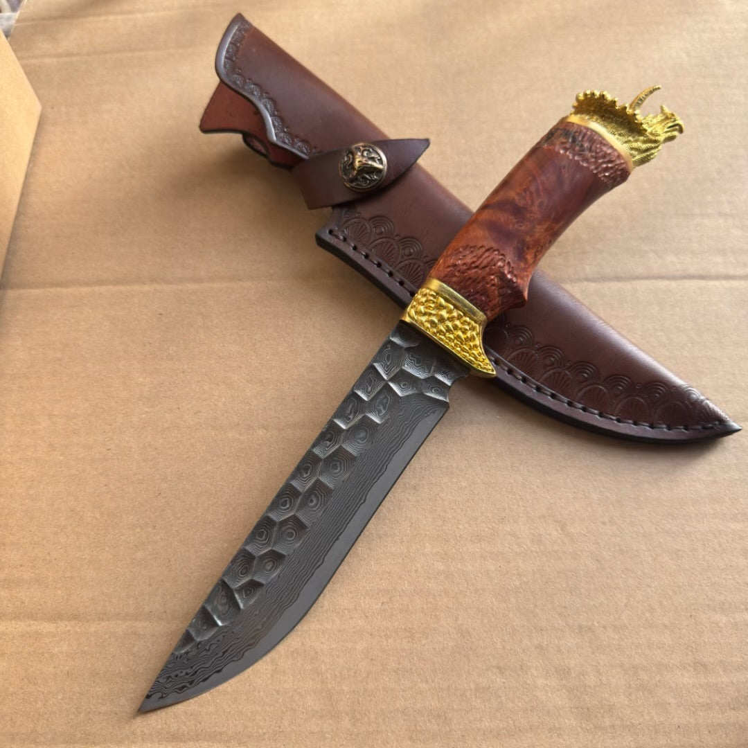 Handcrafted Collectible Damascus Hunting Knife Survival Knife Dragon Head Golden - AK-HT0941