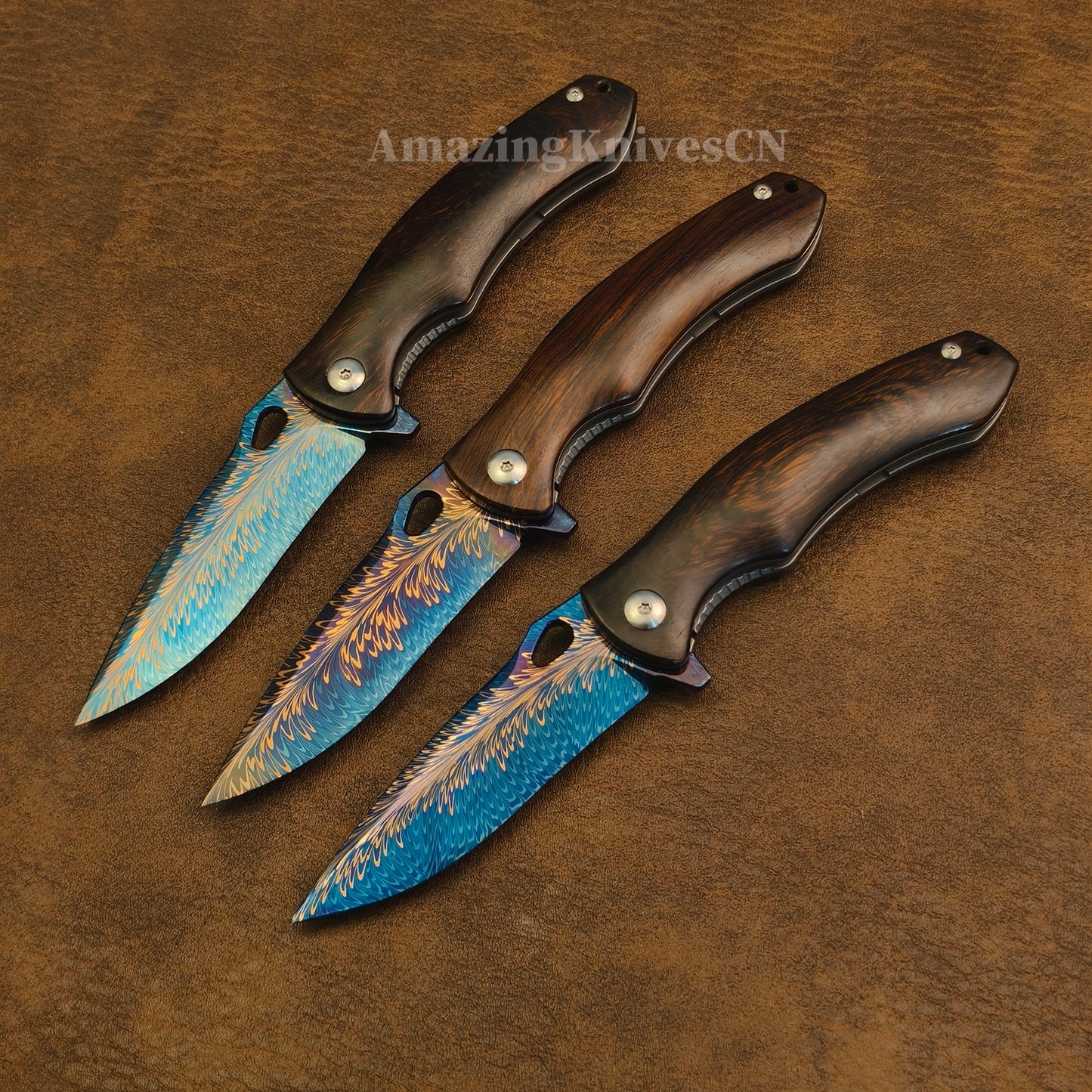 Collectible Feather Knife Folding Pocket Knife Survival Tactical Ball Bearing Flipper with Leather Sheath - AK-HT1010