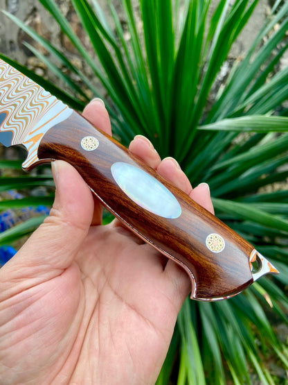 RARE Copper-Infused Damascus Steel Fixed Blade Knife with Desert Ironwood Handle - AK-HT1032