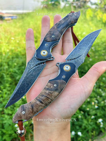 Handcrafted VG10 Damascus Folding Knife with Stabilized Wood Handle – Ball Bearing Quick Open - AK-HT1018