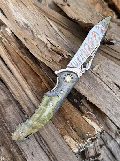 Artisan Folding Knife – Copper-Infused 67-Layer Damascus Steel, Stabilized Wood Handle - AK-HT1046