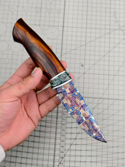 Blued Mosaic Damascus Fixed Blade Mammoth Molar Fossil & Desert Ironwood Edition - AK-HT1062