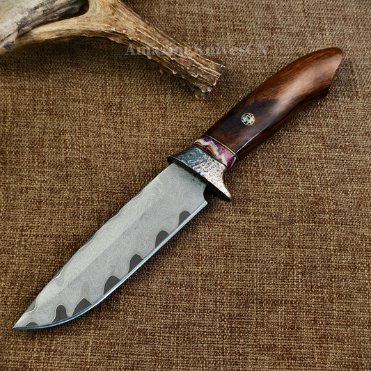 Rare Handforged Damascus Steel Ironwood Straight Hunting Outdoor Knife with Sheath- AK-HT0652-U