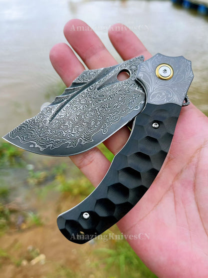 Heavy-Duty Damascus Folding Knife – VG10 Bearing Quick-Open, Ebony Handle, Collectors’ Edition - AK-HT1008