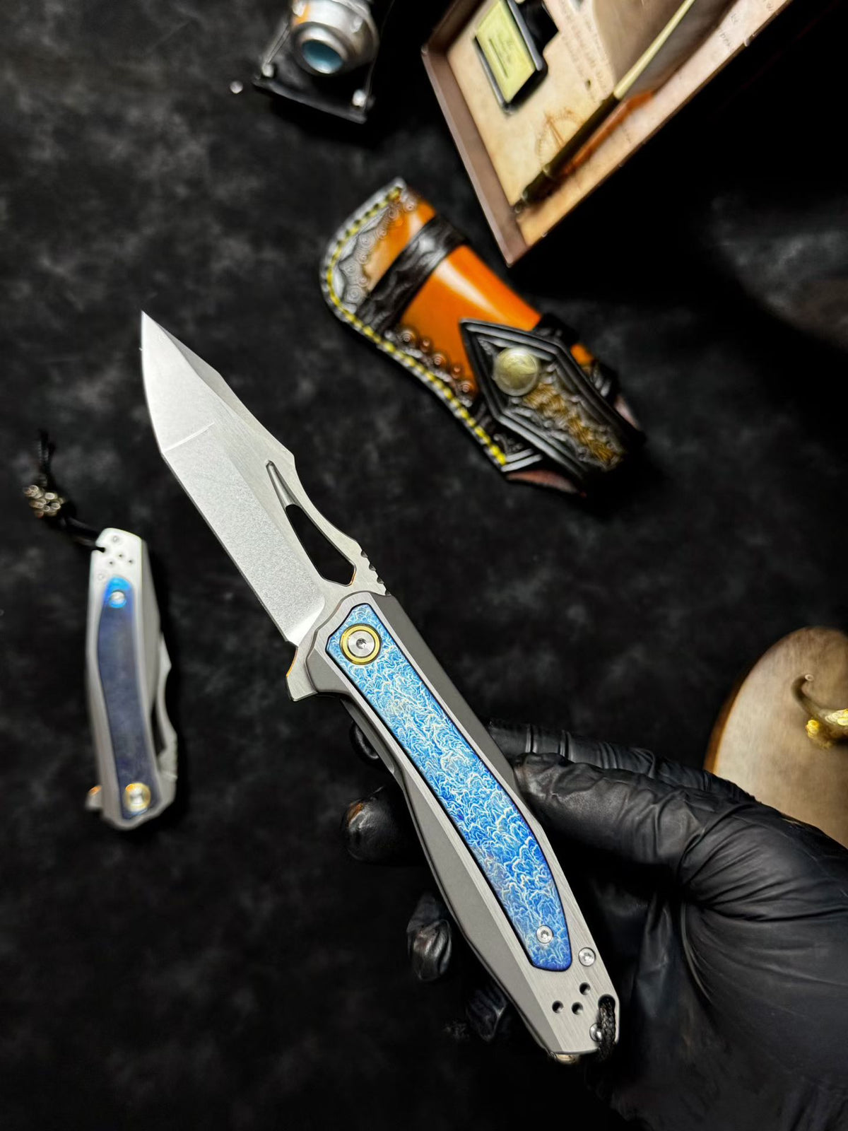 M390 Premium Folding Knife – Titanium Lightning Inlay - AK-HT0180