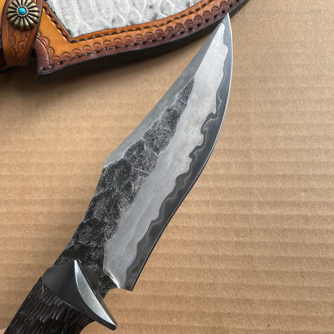 Forged Japanese San Mai Steel Hunting Knife Survival Knife Bowie Fixed Blade Black Goat Head - AK-HT0731