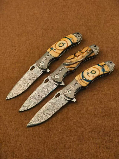 Handmade Powder Damascus Folding Knife – Mammoth Tooth Fossil Handle - AK-HT1069