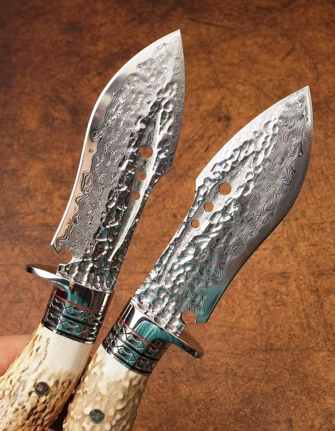 Handcrafted Hunting Knife – VG10 Damascus 67-Layer Steel, Deer Antler Handle, Artisan Leather Sheath - AK-HT1034