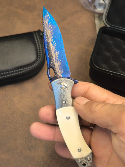 Hand-Forged Feather Damascus Folding Knife with Bone Handle - AK-HT1060