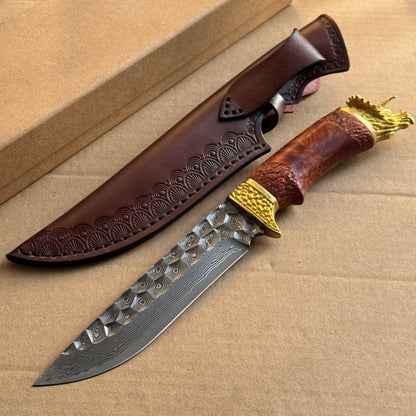 Handcrafted Collectible Damascus Hunting Knife Survival Knife Dragon Head Golden - AK-HT0941