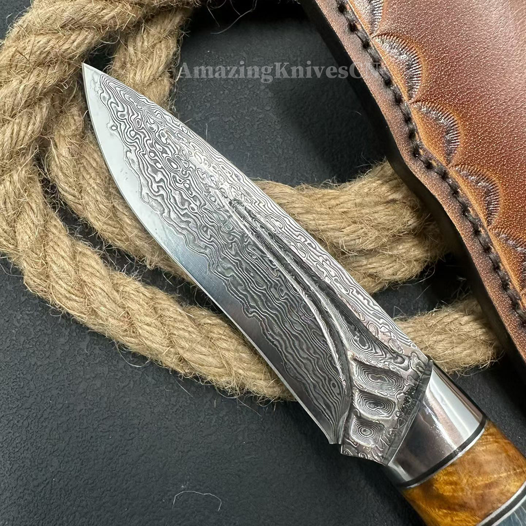 Handcrafted Damascus Vg10 Hunting Knife Survival Fixed Blade With Leather Sheath - AK-HT0935-S