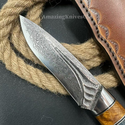 Handcrafted Damascus Vg10 Hunting Knife Survival Fixed Blade With Leather Sheath - AK-HT0935-S