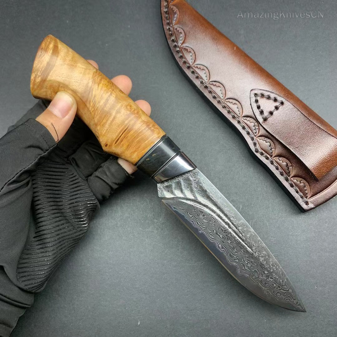 Handcrafted Damascus Vg10 Hunting Knife Survival Fixed Blade With Leather Sheath - AK-HT0935