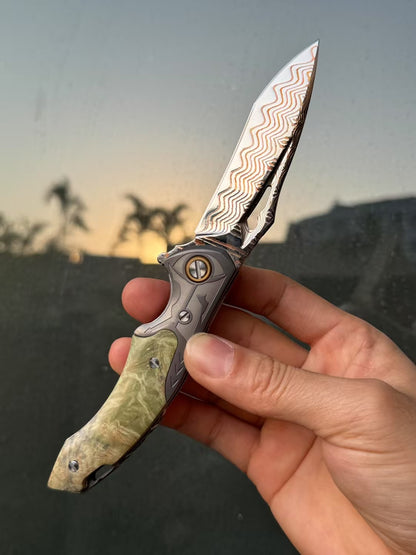 Artisan Folding Knife – Copper-Infused 67-Layer Damascus Steel, Stabilized Wood Handle - AK-HT1046